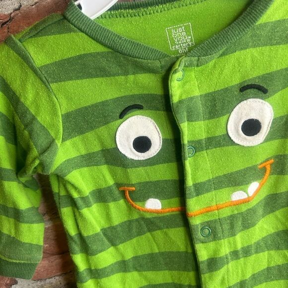 5 for $25🔥6 Months Carter's Striped Green Monster Theme Footie Pajama Jumpsuit - Picture 3 of 5